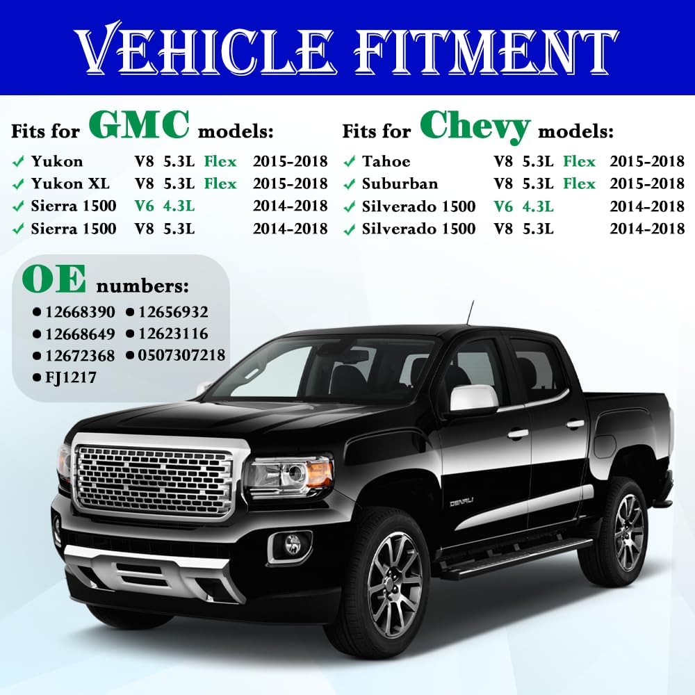 Fuel Injectors Fit for Chevy: Silverado 1500 / Tahoe/Suburban, For GMC: Yukon (& XL) / Sierra 1500, V6 4.3L / V8 5.3L, 2014-2018, OEM # 12668390, FJ1217 (8 Pcs)