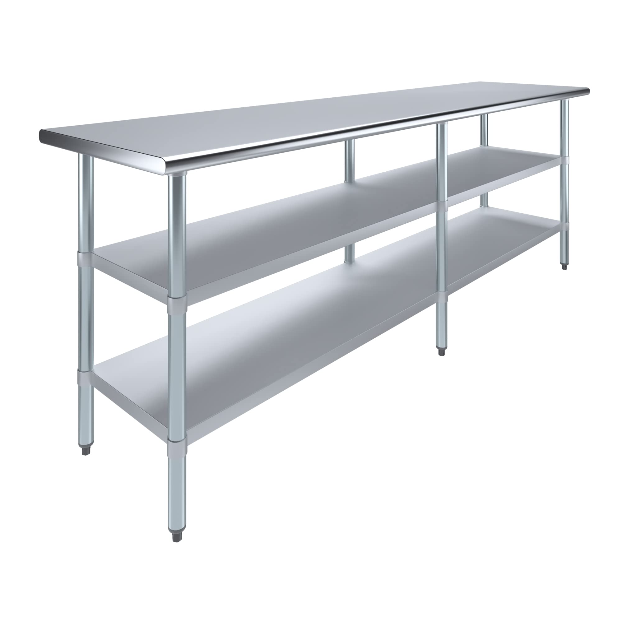 AmGood 96 in. Long x 24 in. Deep Stainless Steel Work Table with 2 Undershelves - NSF 18-Gauge 430 Top, Dual Galvanized Shelves | Commercial Prep Table, Adjustable Feet