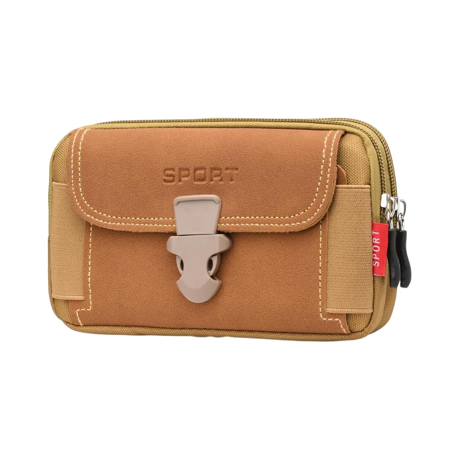 Nylon Travel Utility Pouch for Men's – Solid Color Outdoor Phone Bag with Buckle & Dual Zipper Compartments (Khaki)