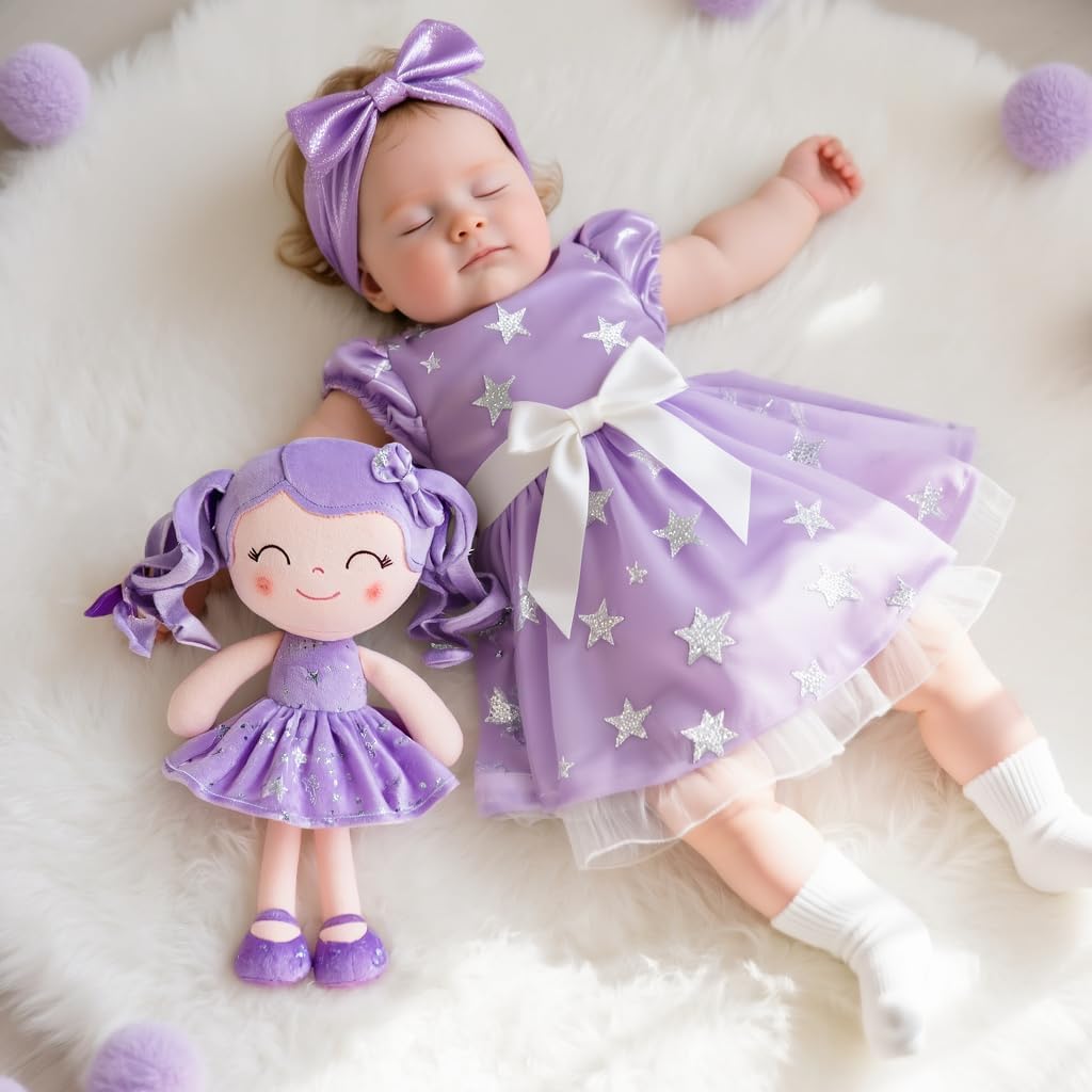 Gloveleya Doll First Baby Doll Plush Baby Doll Baby Dolls Soft Doll Baby Girl Gifts Curly Hair Purple Dress 12inches