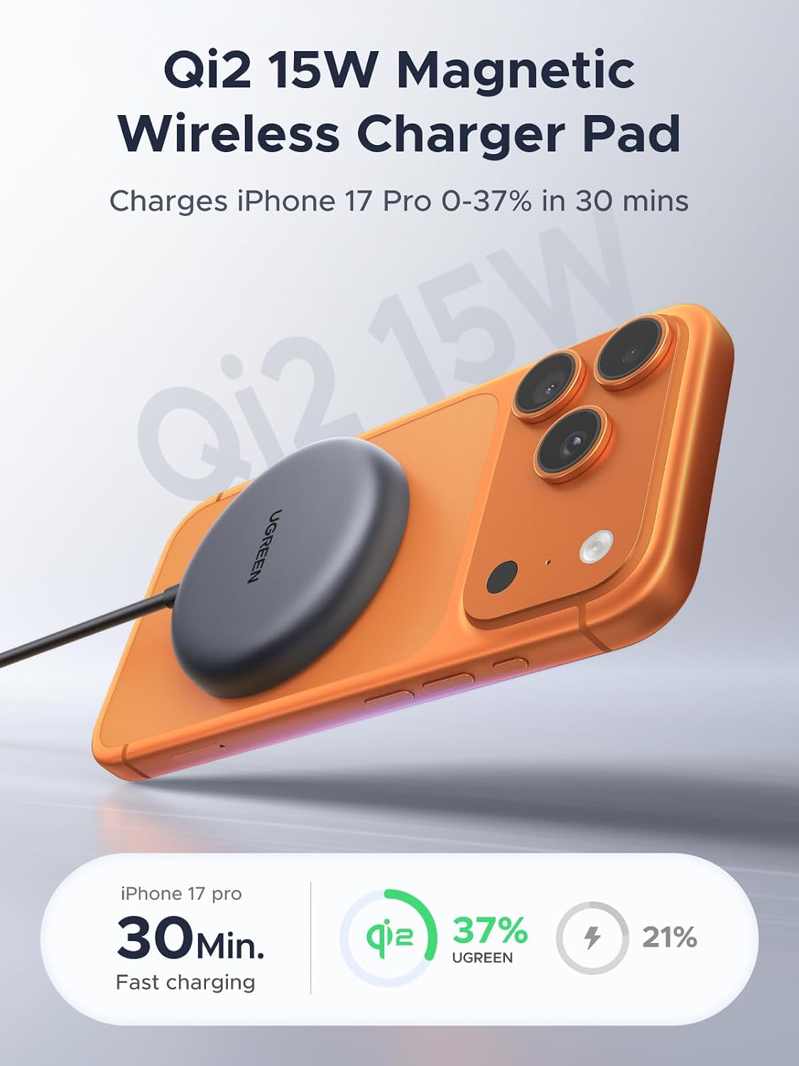 UGREEN 15W Fast Wireless Charging Pad, Qi2 Certified Magnetic Wireless Charger, MagSafe Compatible for iPhone 17/16/15/14/13/12 Series, Strong Magnetic Alignment, 5FT USB-C Cable, 1 Pack, No Adapter