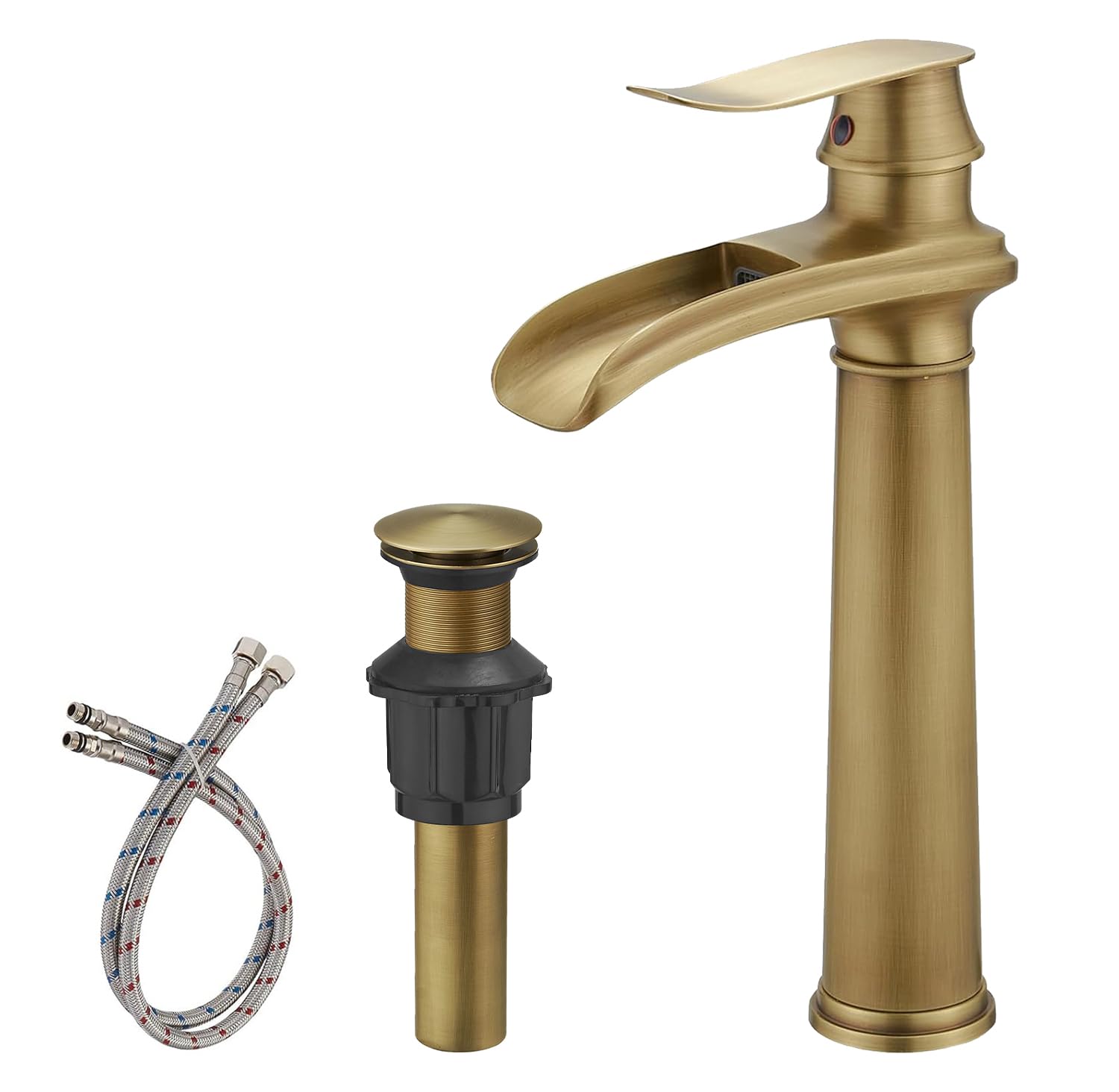SXITHGKDW Antique Brass Bathroom Vessel Sink Faucet Waterfall Spout Single Handle One Hole Solid Commercial Brass Lavatory Vanity Sink Faucet with Pop Up Drain