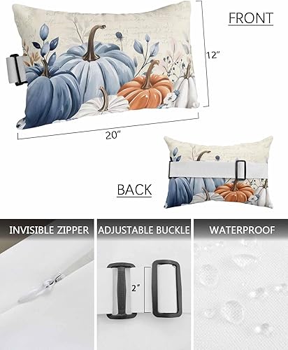 Miniatura 3 de Paquete de 4 fundas de almohada lumbar de Acción de Gracias, impermeables, para exteriores, diseño de hojas de calabaza azul, naranja, otoño,