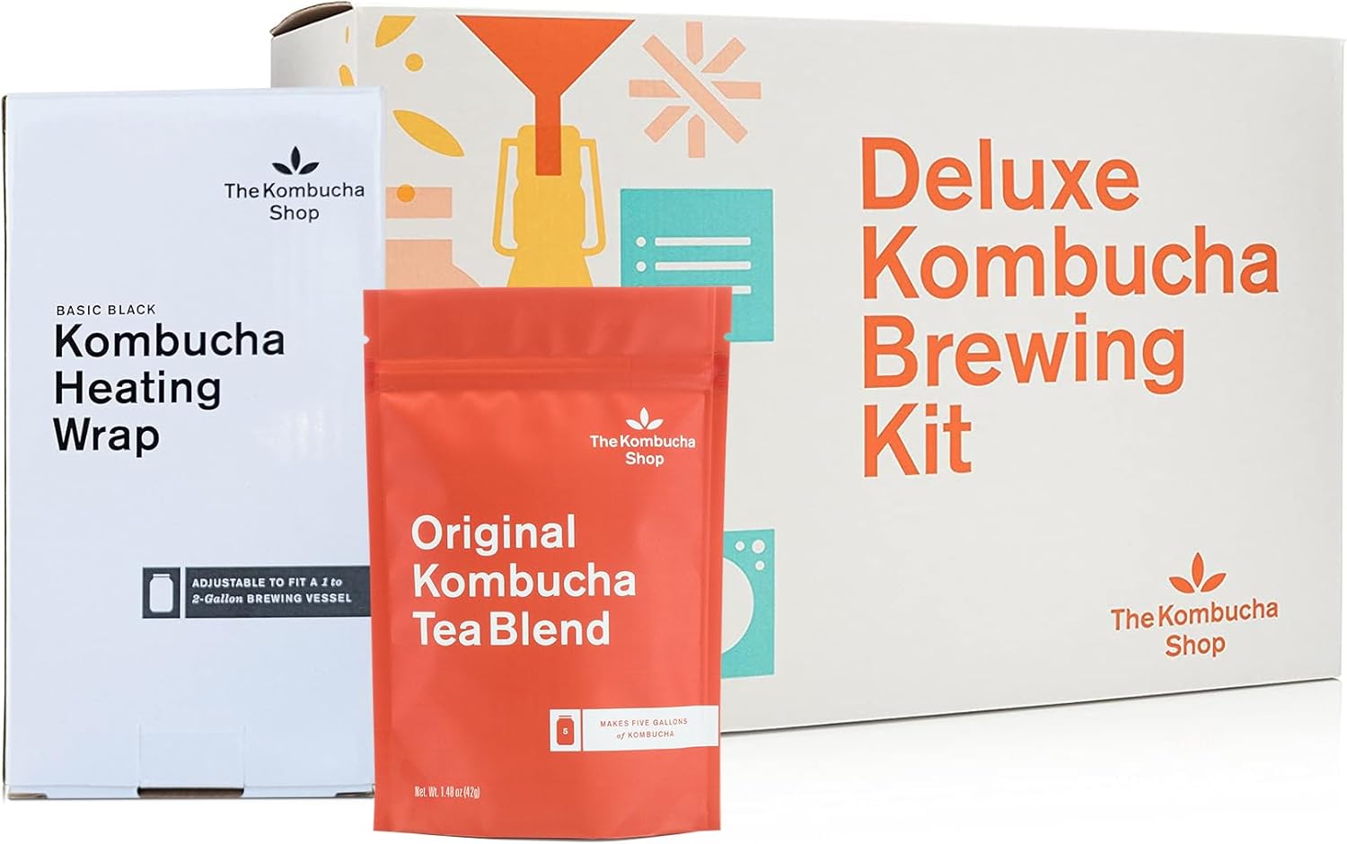 Premium Heating Wrap with Deluxe Kombucha Brewing Kit & Tea to Make an Additional 5 Gallons - Six Swing Top Bottles, Stainless Steel Funnel, Custom Bottle Brush, Premium Heating Wrap, Original Tea