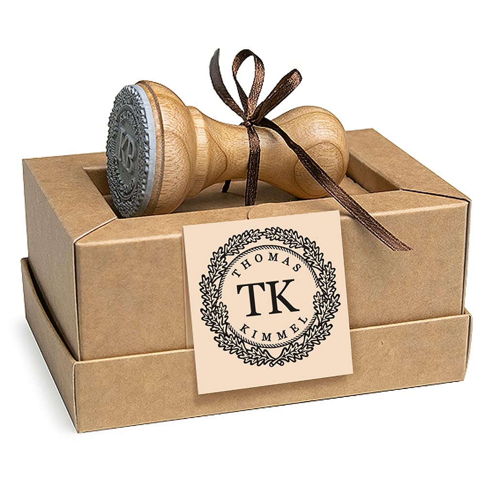 Initials Stamp Personalised Oak Leaves Wreath, Round 37mm, Gift Box