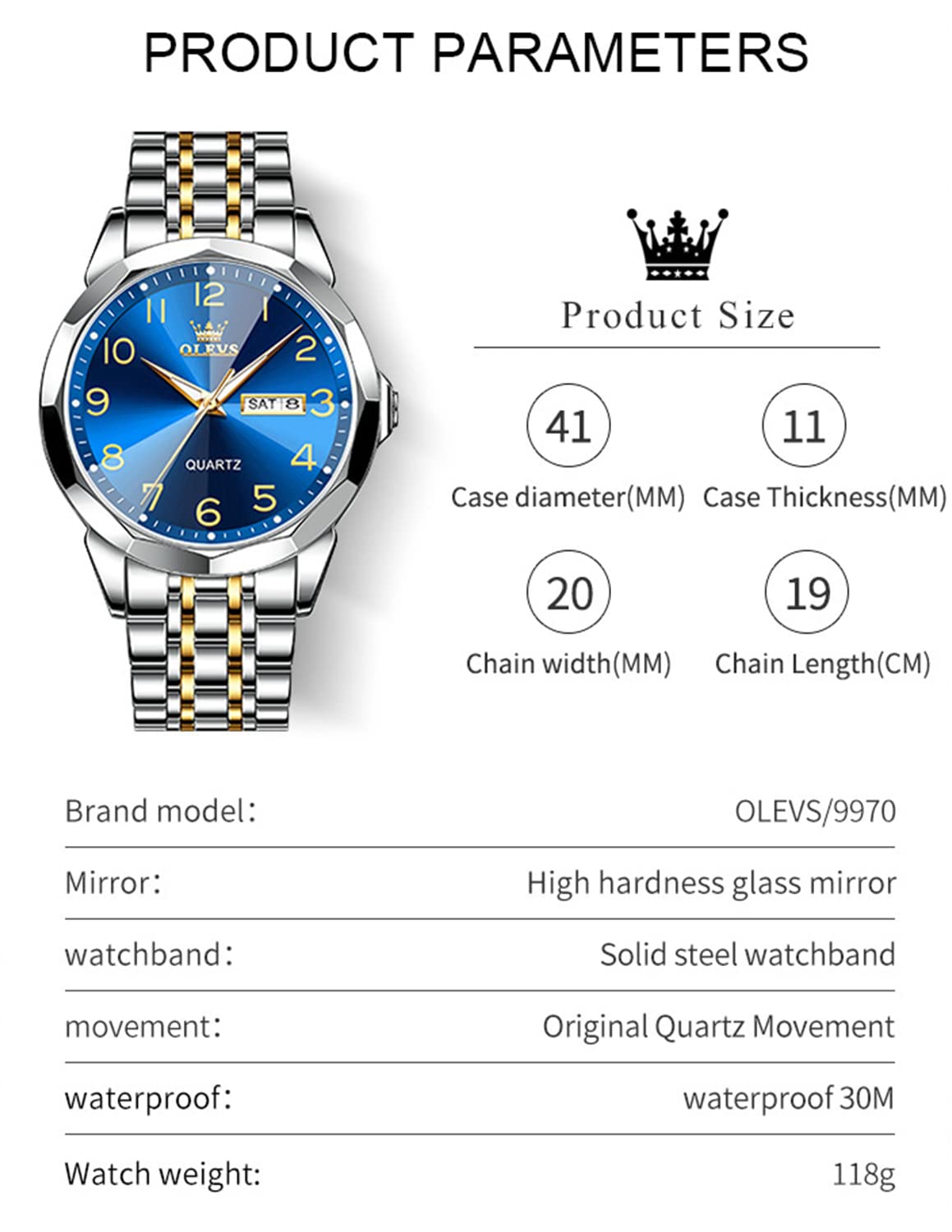 OLEVS - Reloj de Pulsera para Hombre, analógico, Cuarzo, Acero Inoxidable, Impermeable, Luminoso, Fecha, Diamante, Negocios, Dos Tonos, Estilo Casual
