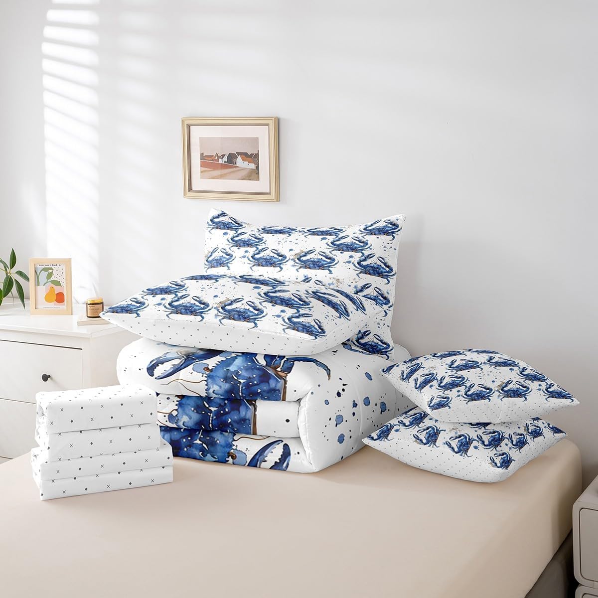 Erosebridal Crab 7 Pcs Comforter Set Full,Blue Ocean Crabs Bed in a Bag with Flat Sheet and Fitted Sheet,Watercolor Marine Life Bed Set,Sea Shell Reptile Bedding Set with Pillowcase & Sham