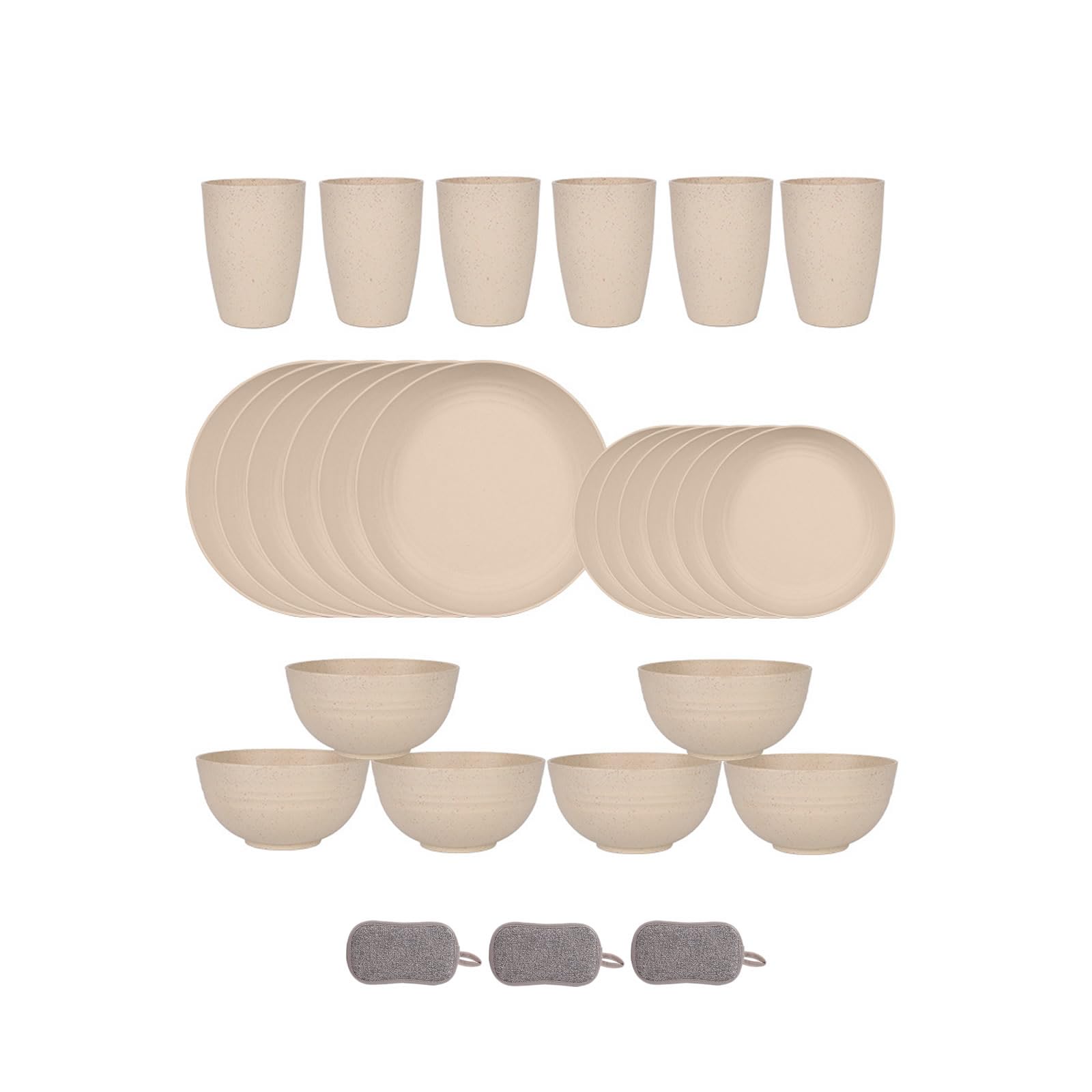 24 Pièces Ensemble de Vaisselle en Plastique Pour 6 Personnes Bols Assiettes et Gobelets Incassables Couverts de Pique Nique Réutilisables Passe au Micro Ondes et Au Lave Vaisselle (Beige)