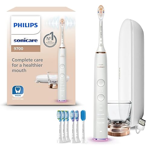 Philips Sonicare DiamondClean Smart 9700 Electric Toothbrush, Sonic Toothbrush with App, Pressure Sensor, Brush Head Detection, 5 Brushing Modes and 3 Intensity Levels, Rosegold, HX9957/81 - 1 Count (Pack of 1) - New Rose Gold