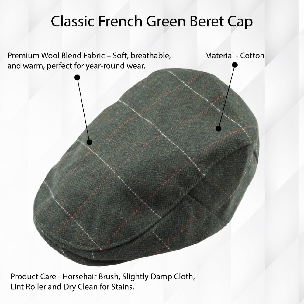 The Tie Hub Green French Beret Cap for Men Stylish Cotton Check Hat Vintage Artistic Creative Casual Wear 2