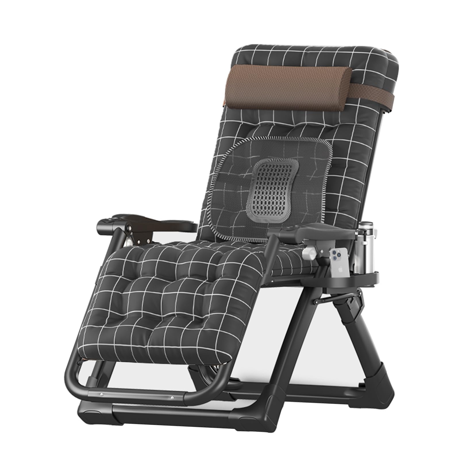 WOTZOV Chair, Reclining Patio Chairs, Balcony Sun Loungers, Reclining Patio Lounger Chair, Folding Portable Chaise With Detachable Headrest And Cup Holder，Black Mat