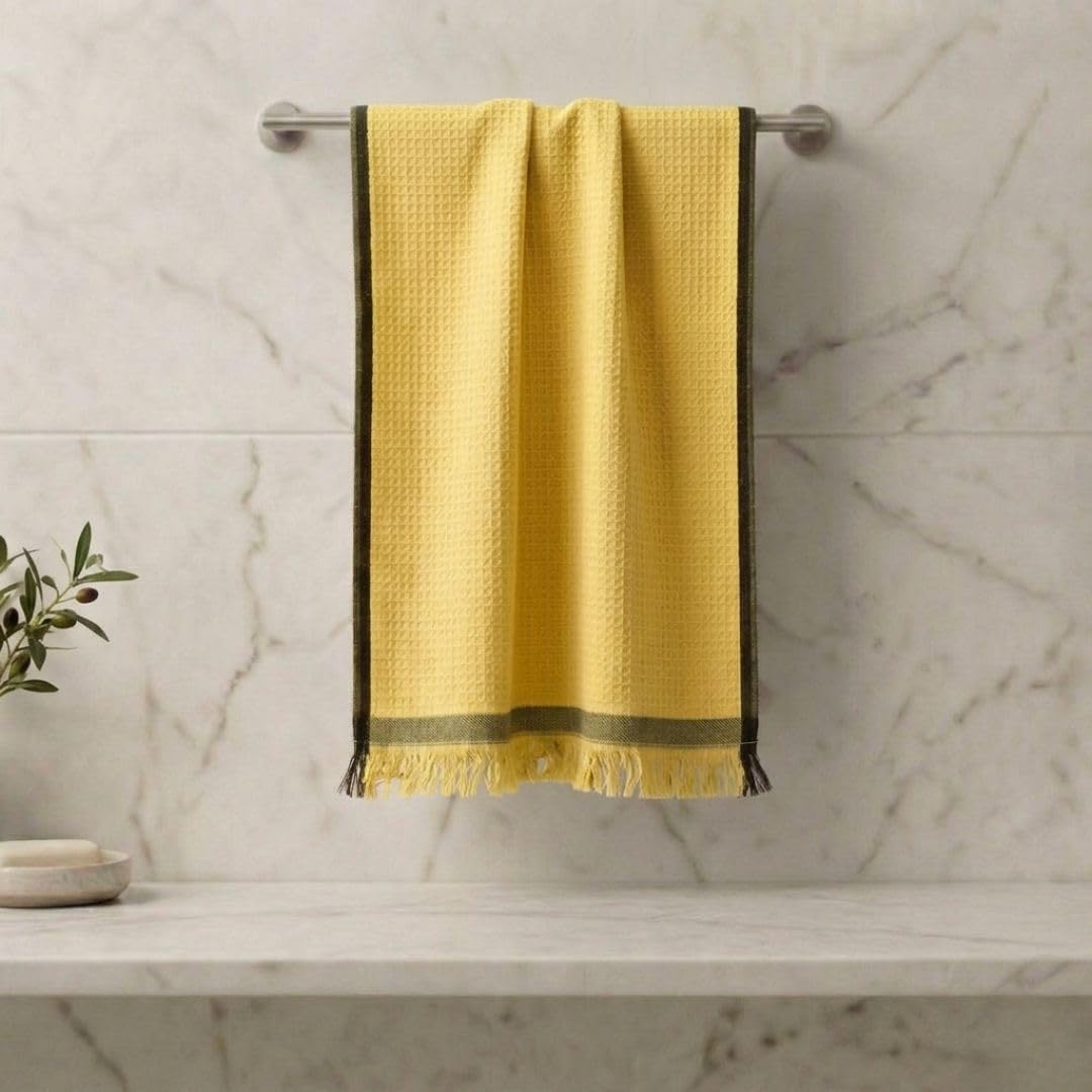 Athom Living Premium Cotton Bath Towel, Quick Dry, Ultra Soft, Highly Absorbent, Lightweight Waffle Weave, Bright Yellow, Durable & Skin Friendly, Pack of 1 | Large Size 75x150 cm