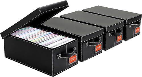 DVD Storage Box – Black Faux Leather DVD Case with Lid – DVD Shelf Organizer for 25 Standard DVD Cases – Foldable & Stackable Media Storage Solution-4Pack
