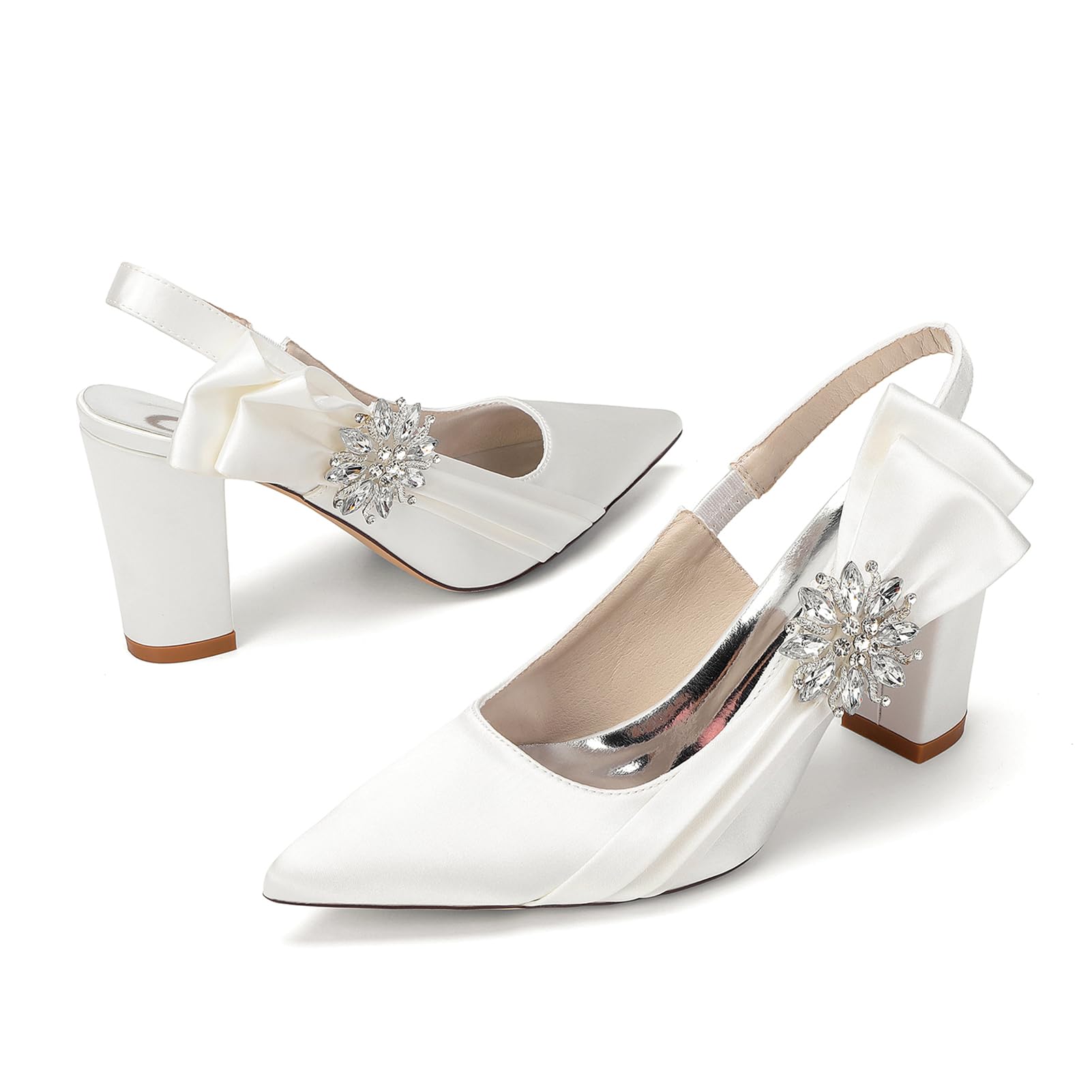 Generico Scarpe Sposa Donna Satin Décolleté Slingback Tacco Largo 8,5 cm Punta Elegante con Fiocco Gioiello e Strass Bridal Heels