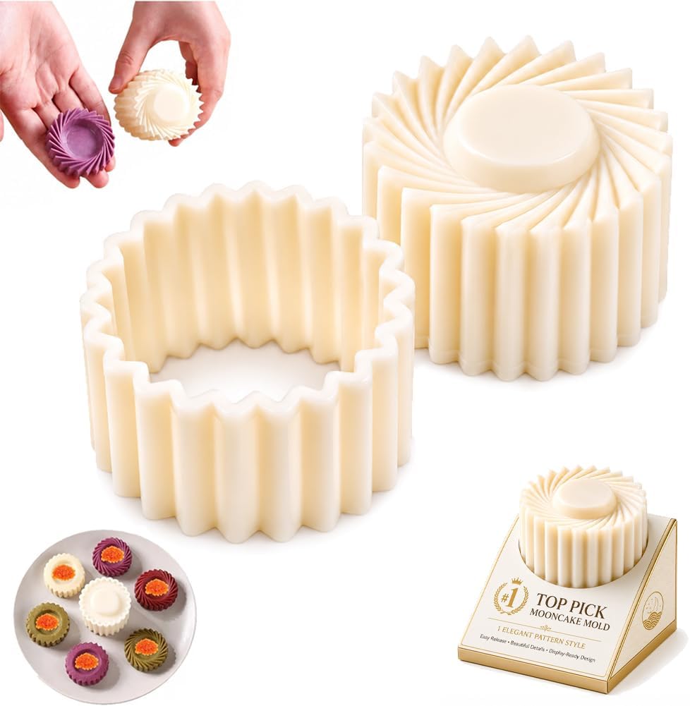 Sunflower-Patterned Mooncake Mold Round Hand-Press for DIY Cookie Mooncake 4-in-1 Stackable Pastry Mold Set Nonstick Baking Tool for Cookies and Mousse Use Ice-Skin Bean Baking Tool