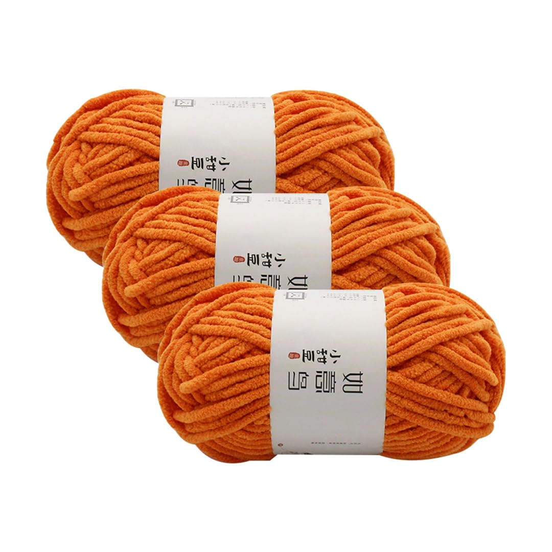 3 Pack Chunky Chenille Soft Yarn for Hand Knitting and Crochet,Bulky Thick Fluffy Plush Yarn for Beginners (55m,55g Each Skein) (Orange)