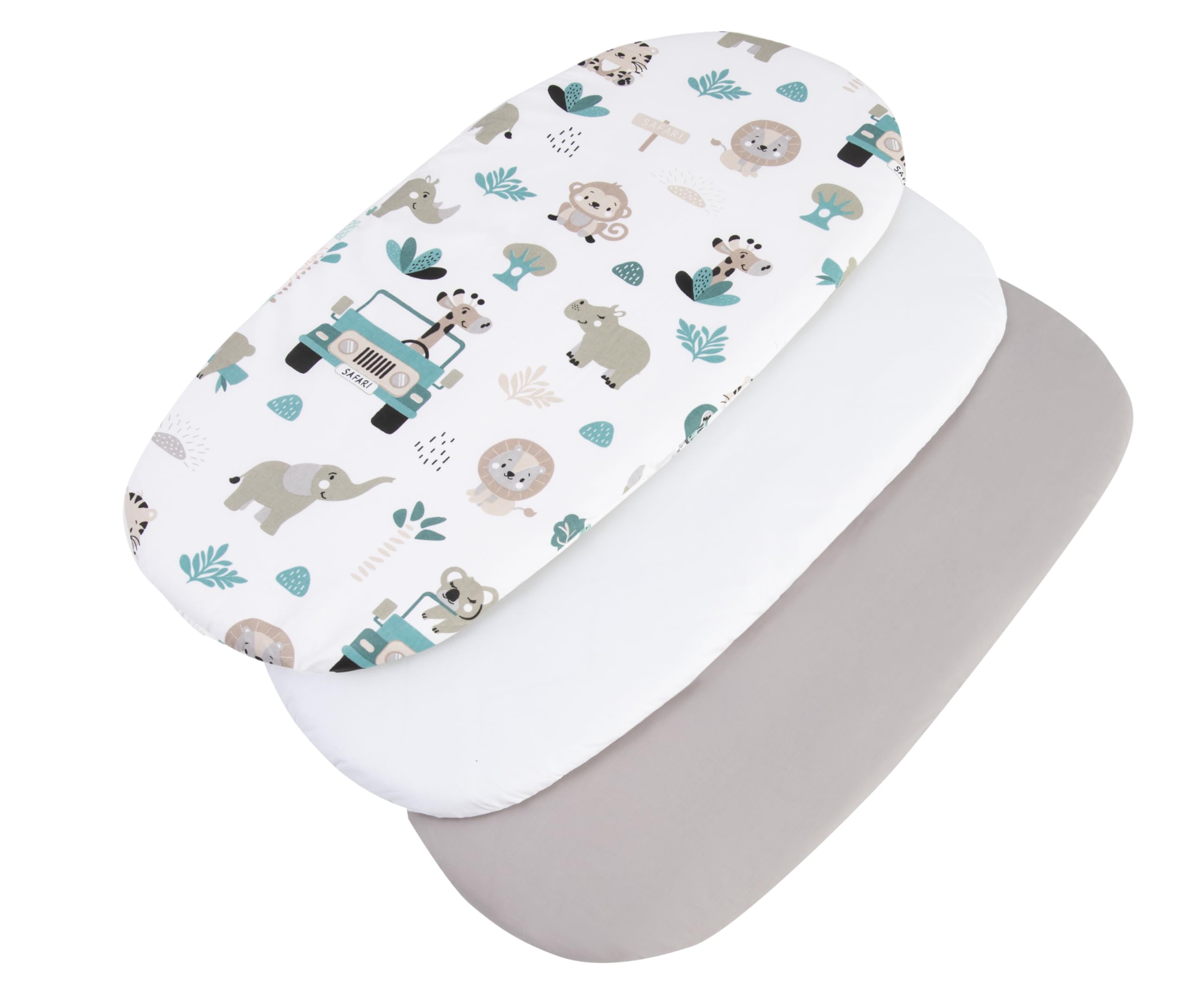 Medi Partners Set of 3 pcs. Fitted Sheet Pram 86 x 40 cm 100% Cotton Mattress Protector Baby, Mint Zoo-white-grey, Three pack