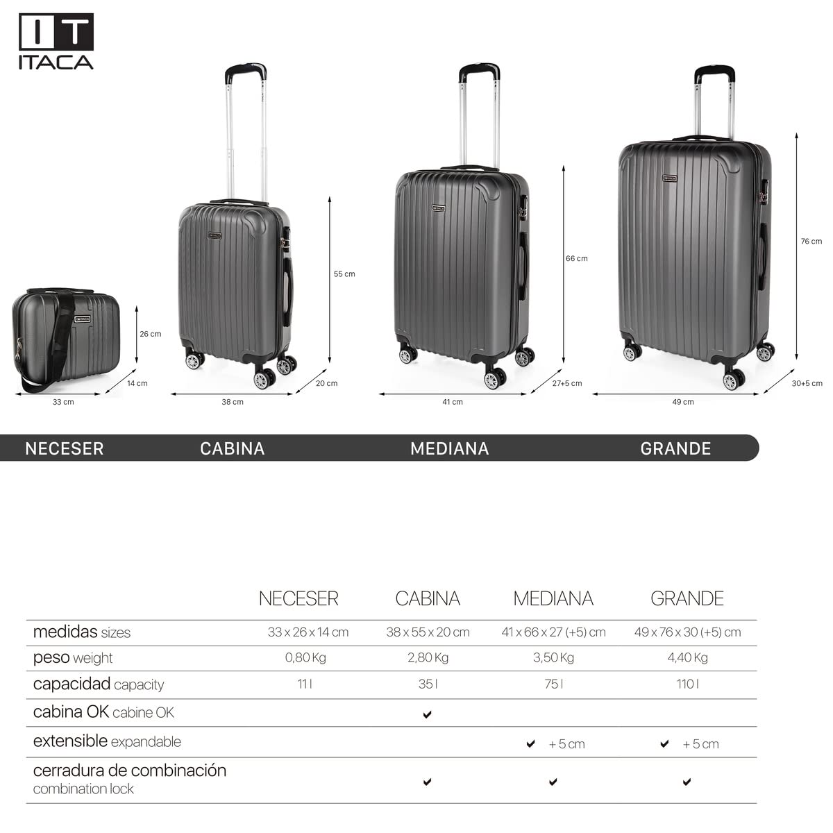 ITACA - Maleta Mediana con 4 Ruedas Giratorias para Viajes Largos Tipo Trolley Ideal como Maletas de Viaje Grandes 23 Kilos y Maleta Viaje Mediana Resistentes, Antracita — view 6