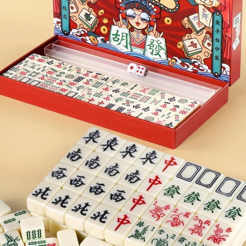 HEYOUTH Set de Mahjong Mini de Voyage - Mahjong Chinois Traditionnel avec 144 Tuiles Beiges, Jeu Complet de Voyage pour Réunions et Jeux de Société