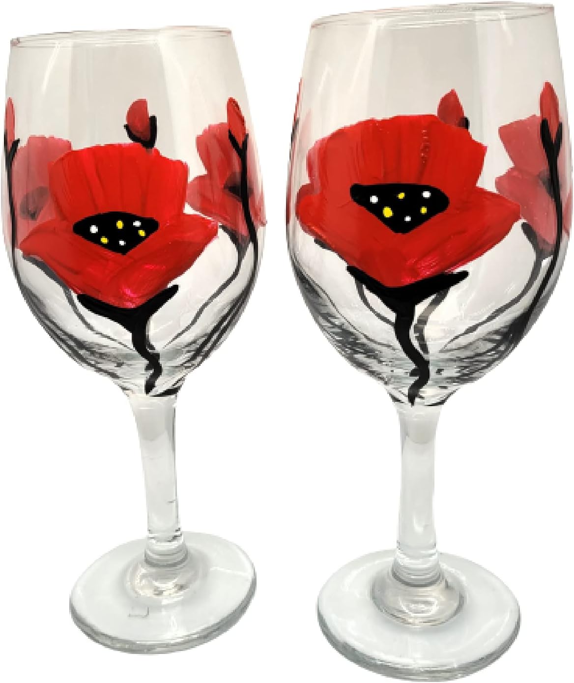 Red Poppy Flowers Hand Painted Wine Glasses Set of 2