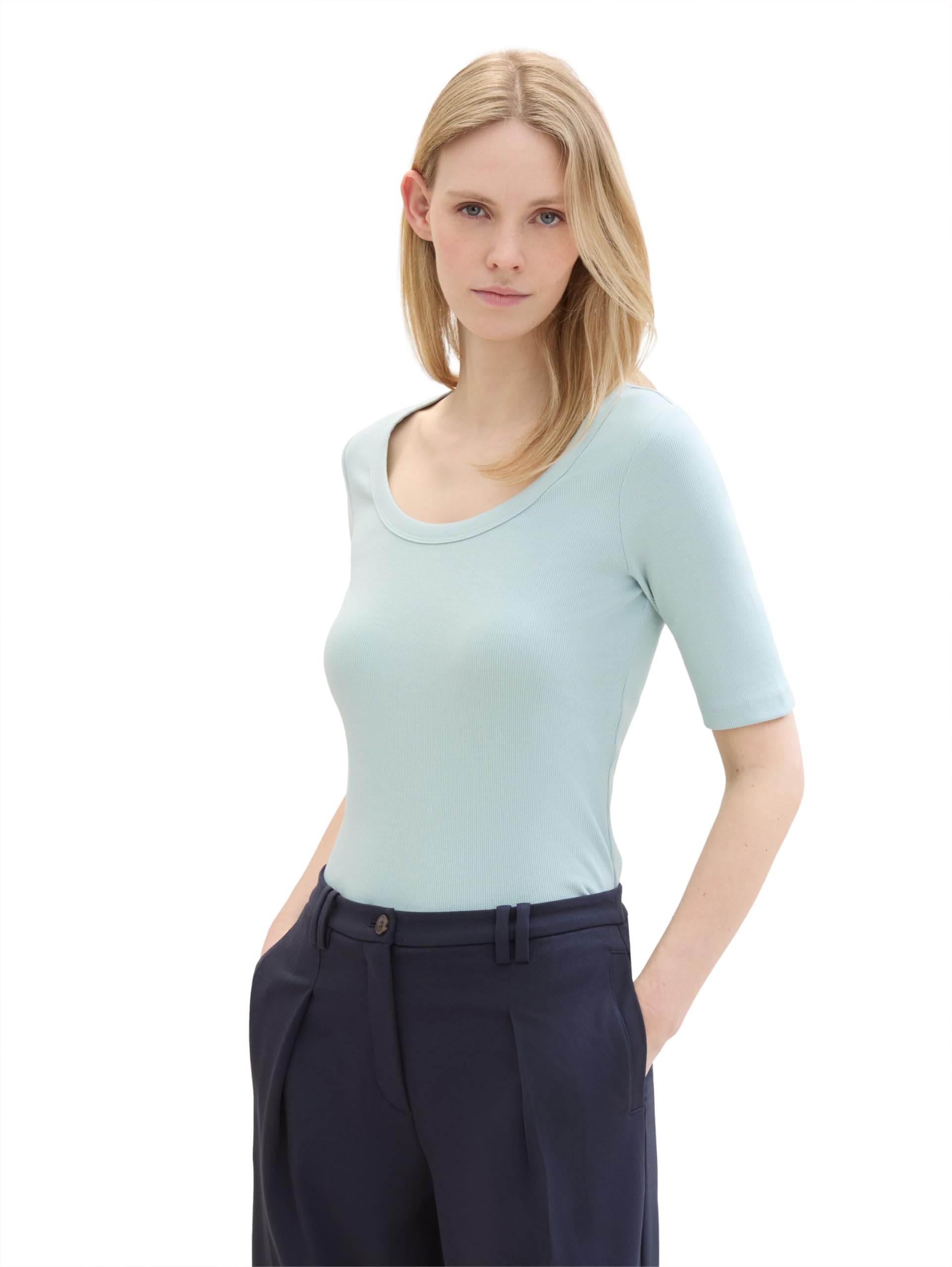 TOM TAILOR Women's Basic T-Shirt with Wide Neck and Rib