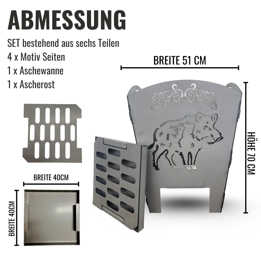 Terma Stahldesign Feuerkorb Jäger Wildschwein Rehbock 70 cm Feuertonne massiv Stahl Feuerstelle Garten Terrasse zerlegbar optional Feuerplatte Handmade Germany
