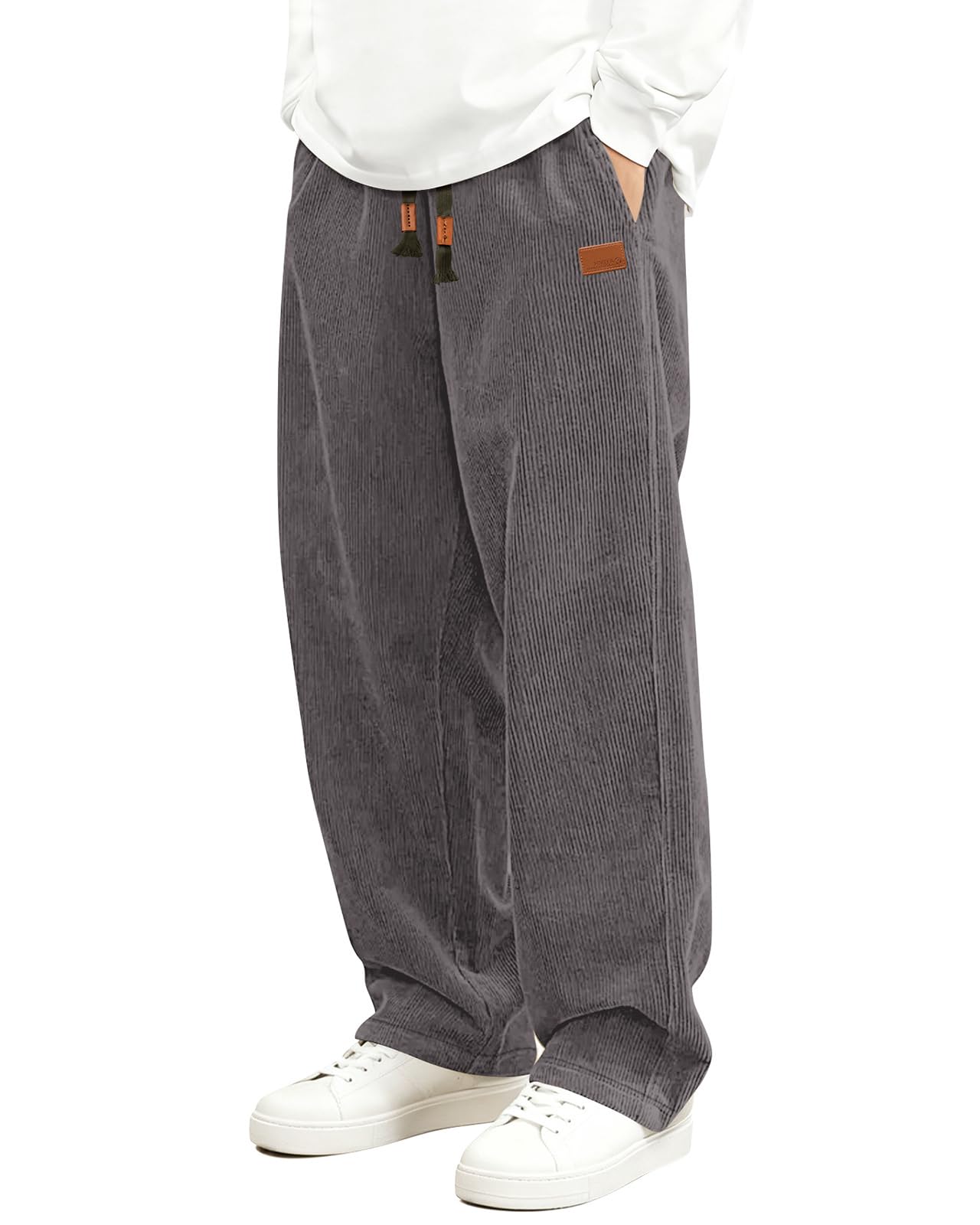 HMIYA Cord Hose Herren Chinohose Regular Weites Bein Hosen Mode Freizeithose Baumwolle Elastische Taillemit Taschen,Hellgrau,3XL