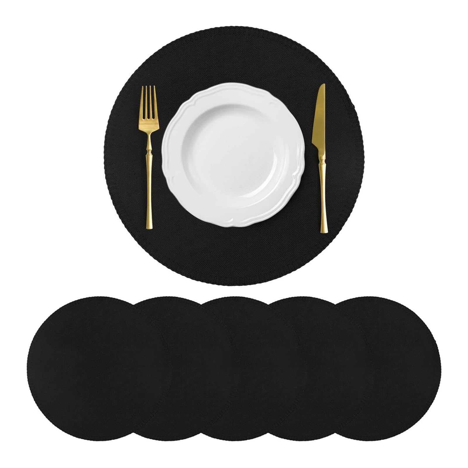 Zeahkri Black Solid Color Placemats 4Pcs 15 Inch Round Linen Heat Resistant Placemat