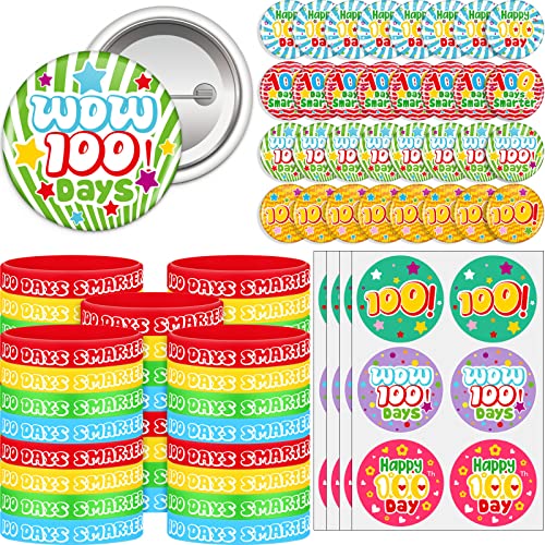 120 Pcs 100th Day of School Party Supplies, 100 Days Smarter Badge Stickers Wear Badges Wristband for Kids Students Classroom Prizes Party Gifts