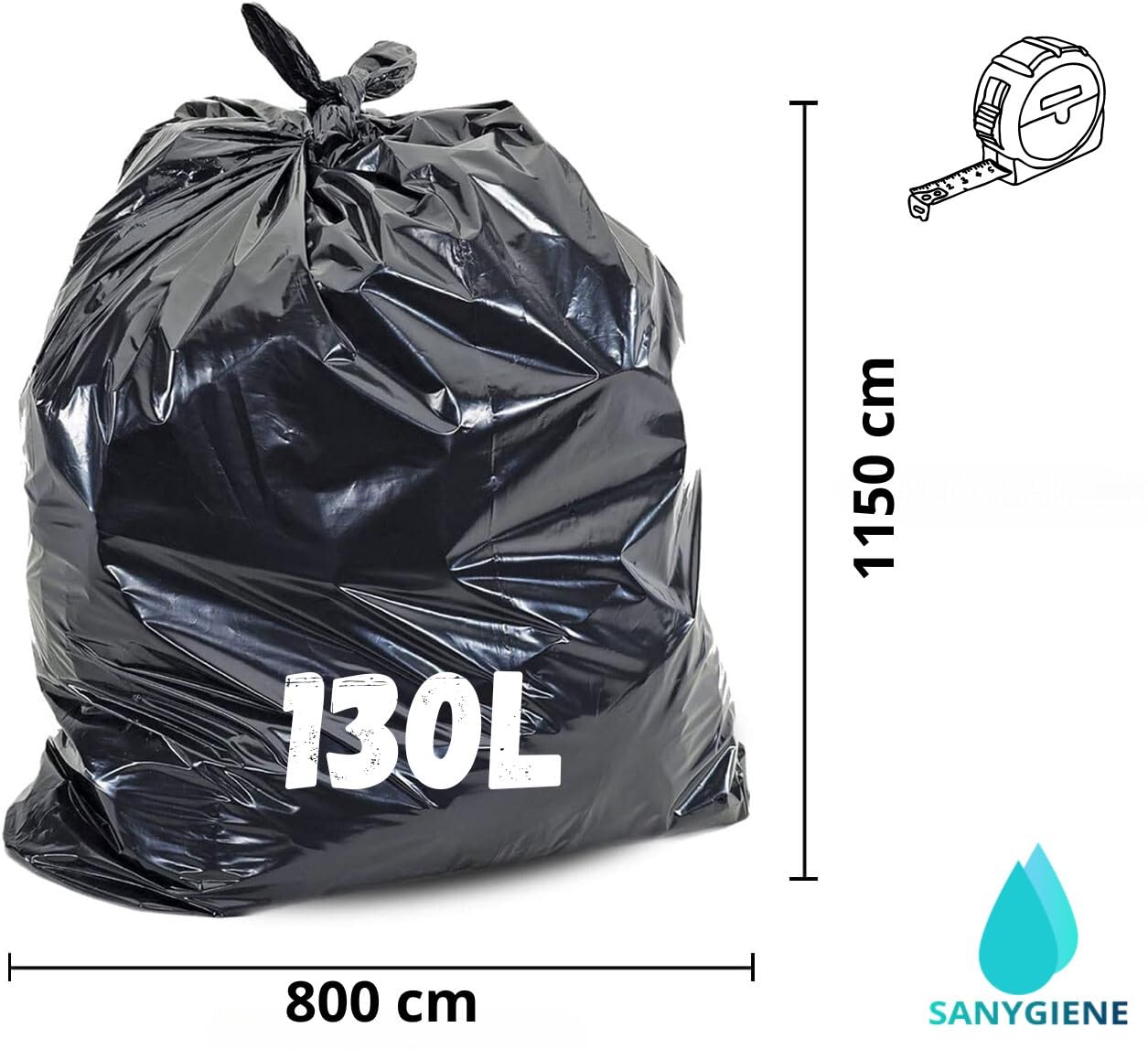 Sacchetto per la spazzatura spessa 130 l, cartone da 100 sacchetti neri ultra resistenti, spessore 55 micron, rifiuti pesanti, giardino, carta, alimenti, officine - uffici - privati