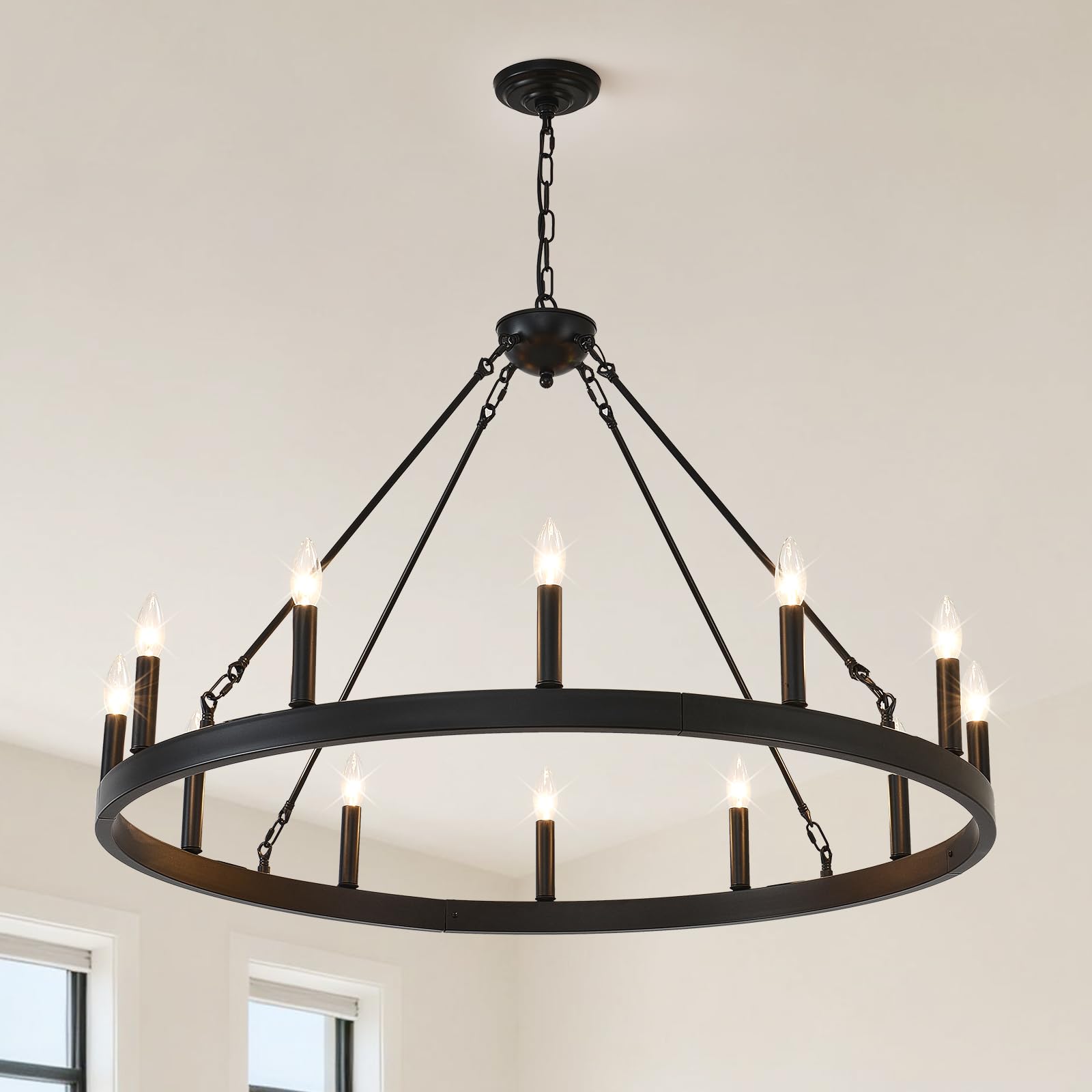 Photo 1 of FJHELO 40" Wagon Wheel Chandelier, Black, 12-Light
