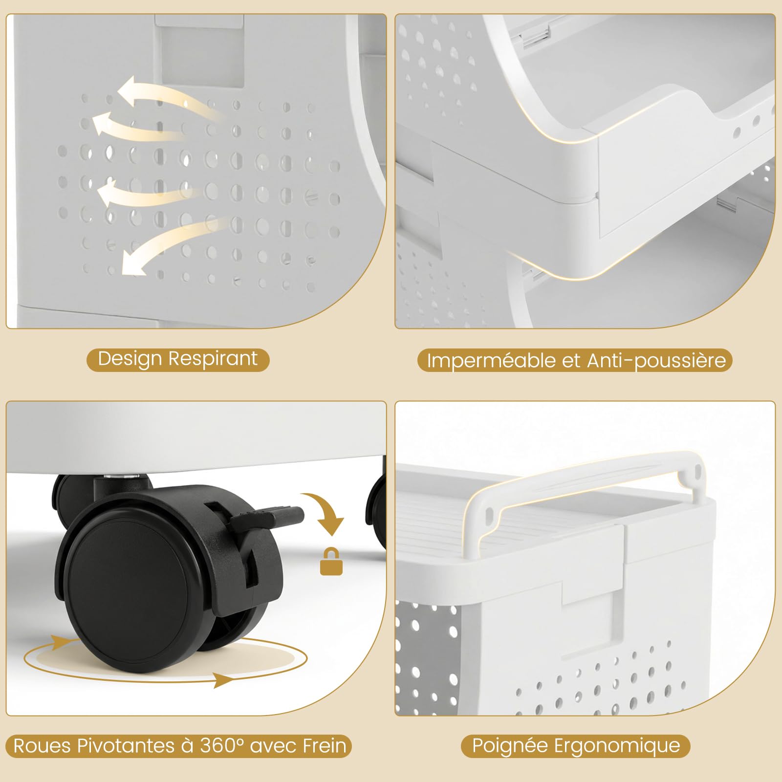 DEANIC Chariot de Rangement Pliable à roulettes, 4 Niveaux, desserte Mobile avec Plateau supérieur, Chariot de Salle de Bain avec poignées, pour Cuisine, buanderie, Rangement Maison (Blanc)