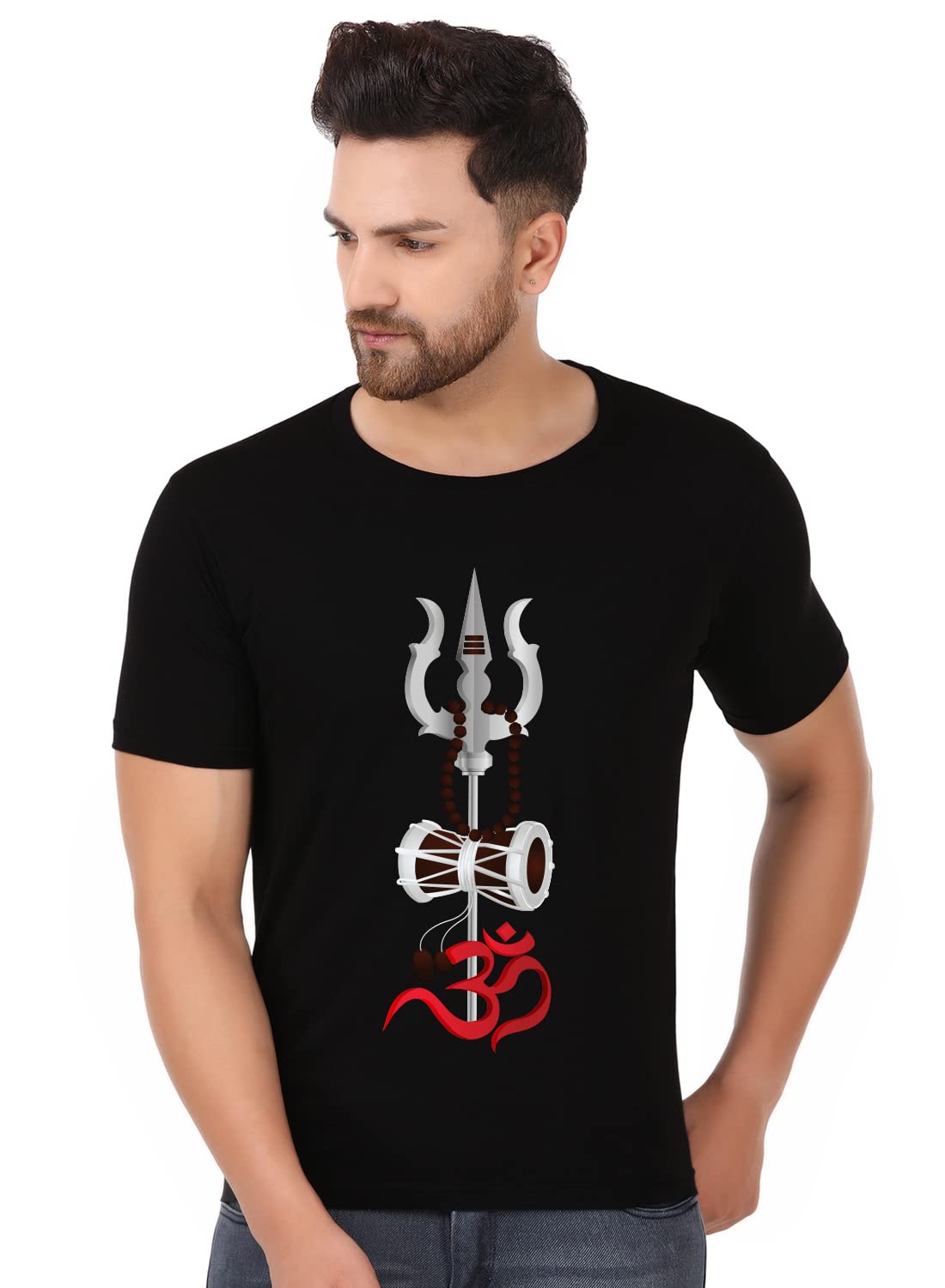 Prabhubhakti Men's Stylish Devotional Unisex Cotton T Shirts |Om Shiv ji Trishul | Devotional T Shirt| Round Neck Half Sleeve |Regular Fit