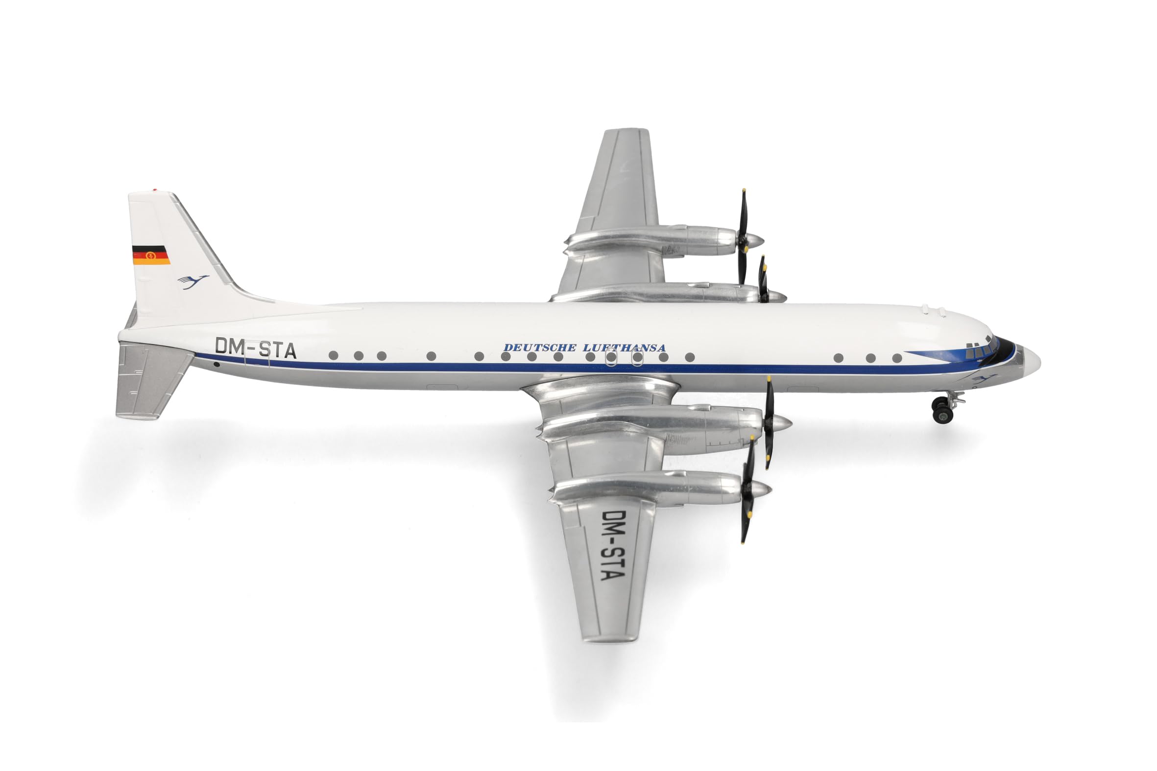Herpa Modellflugzeug Deutsche Lufthansa Ilyushin IL-18 - DM-STA, Miniatur im Maßstab 1:200, Sammlerstück, Flugzeug Modell mit Standfuß, Metall