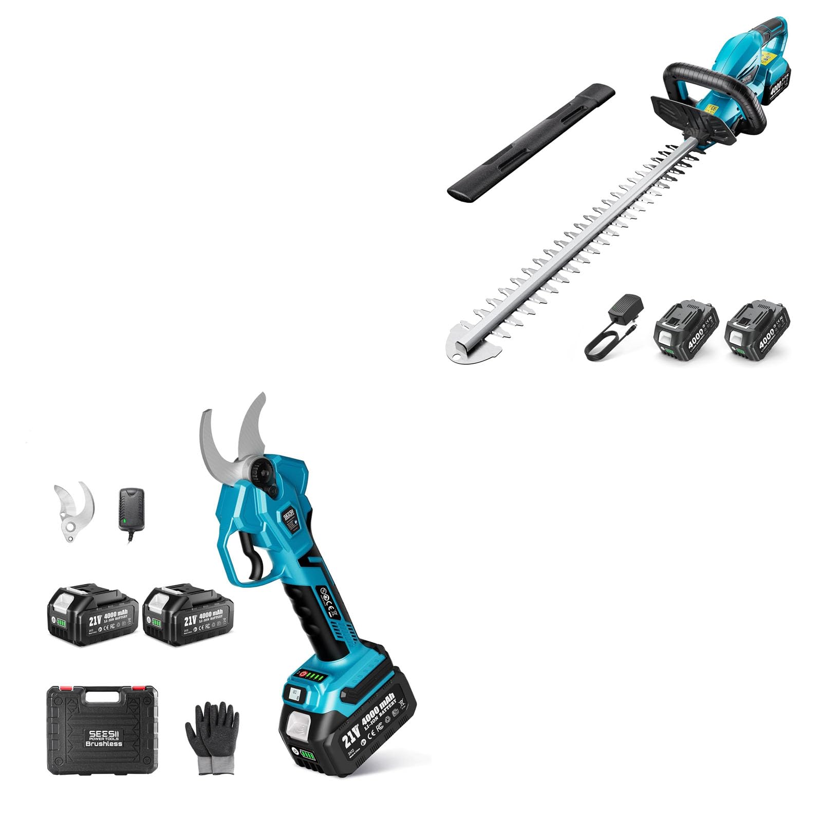 SEESII Cordless Hedge Trimmer for Garden: Electric Handheld Bush Trimmer+SEESII Electric Pruning Shears Cordless: 1.6" Cutting Diameter Power Pruner