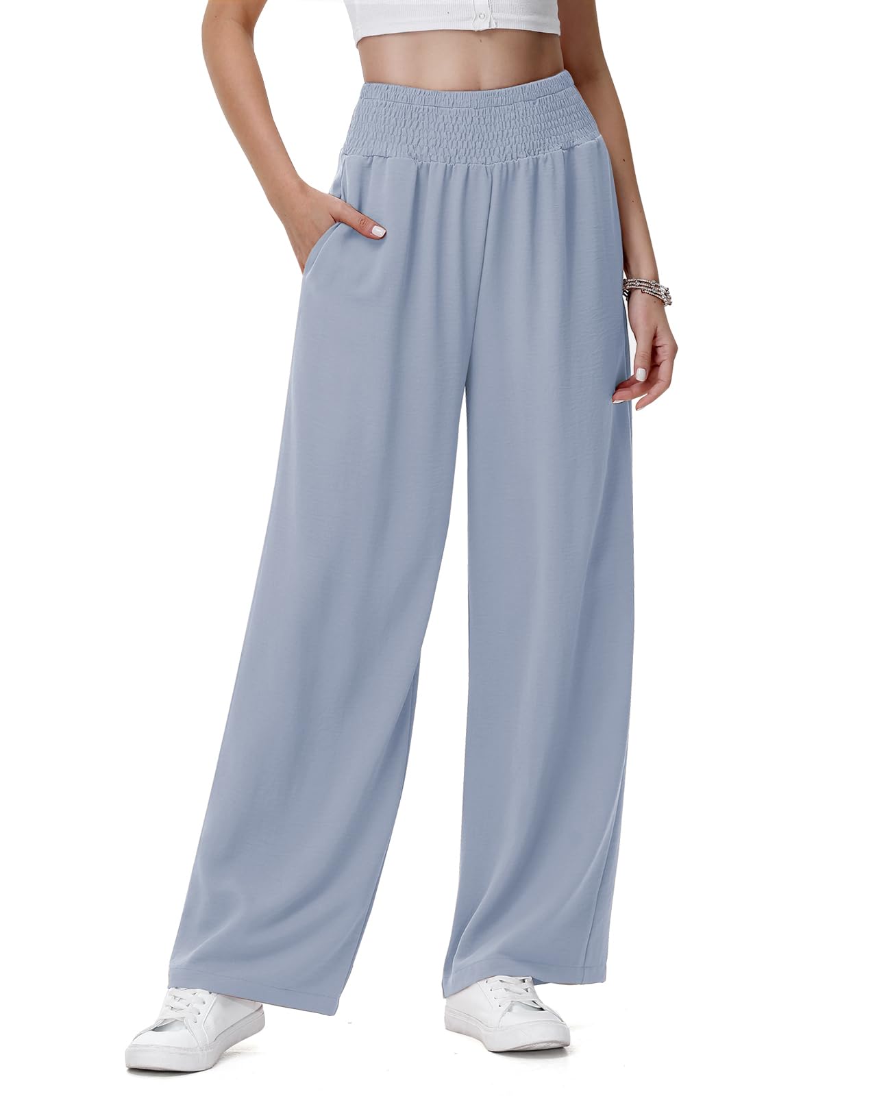 HMIYA Weite Hosen Damen Lässig Leicht Sommerhose Hohe Taille Palazzo Hose mit Taschen