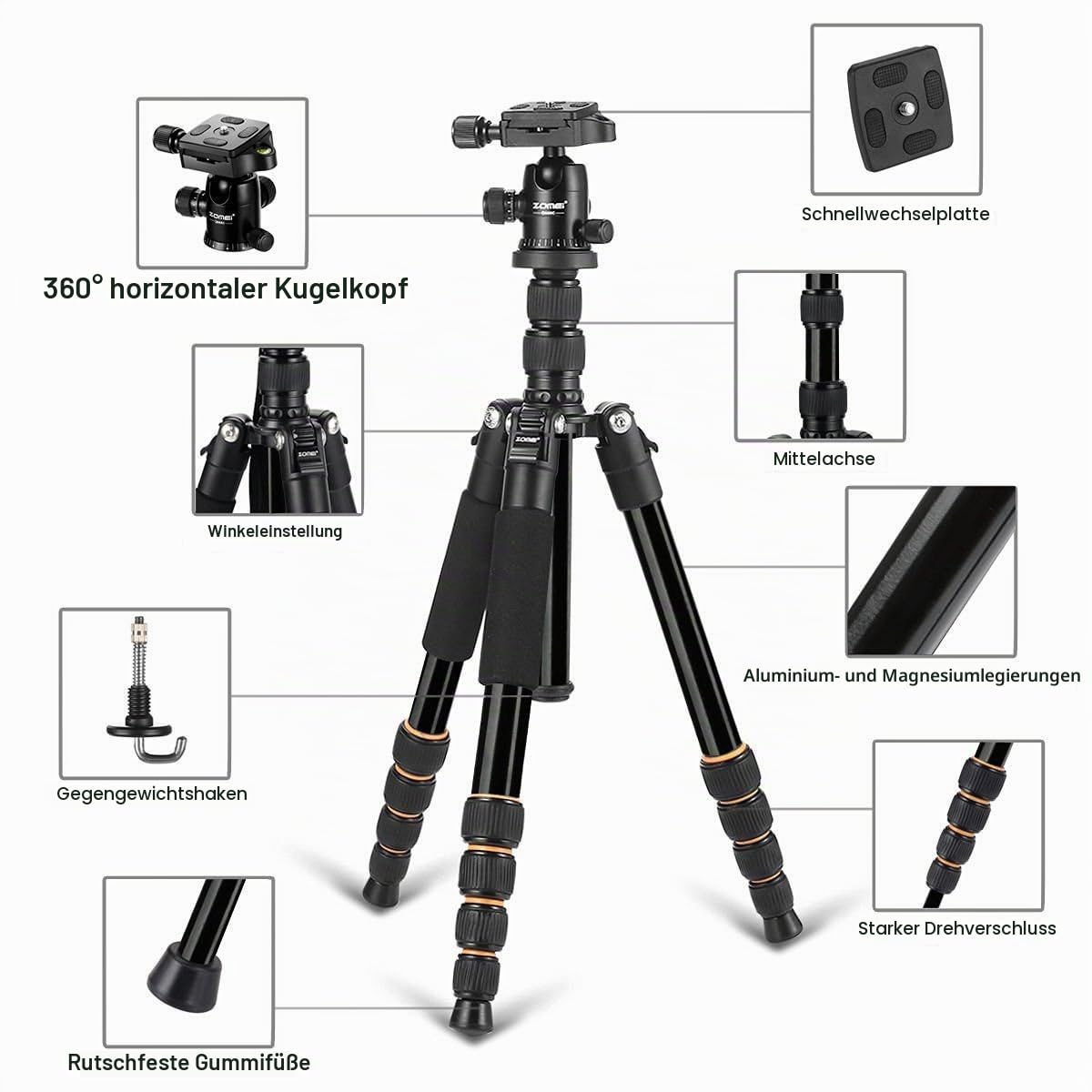 ZOMEI Q666 Kamera Stativ, 155cm Aluminium-Leichtbau Reisestativ, 3-in-1 Fotostativ Makrostativ und Einbeinstativ, mit 360° Panorama Kugelkopf und 1/4" Schnellwechselplatte für DSLR Kamera Camcorder