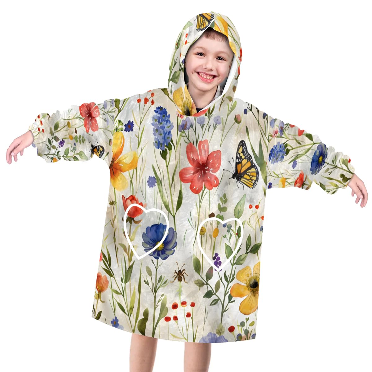 Pardick Wearable Blanket Hoodie for Kids, Bright Flower Fleece Sweatshirt Blanket Oversized Blanket Sweatshirt with Pocket Flannel Warm Hooded Blanket 6-10 Year Old Girl Boy Gift, One Size