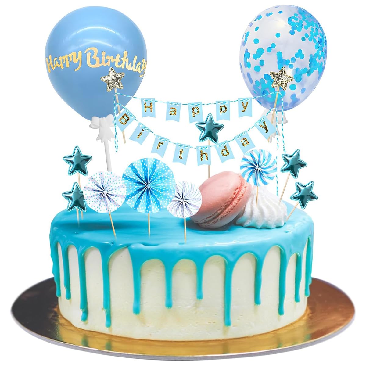 Zestaw ozdób na tort, niebieskie toppery na babeczki, ozdoba na tort, chor?giewki, flagi baner z balonami, gwiazdami, s?onecznikami, przyj?cie urodzinowe, ozdoba na babeczk?, ozdoby