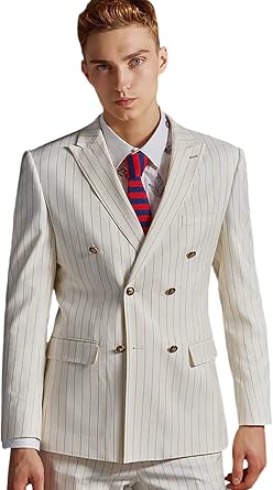 Mens Gold Pinstripe Jacket Double Breasted Peak Lapel Suit Jacket Wedding Tuxedo Dinner Party Formal Groomsmen