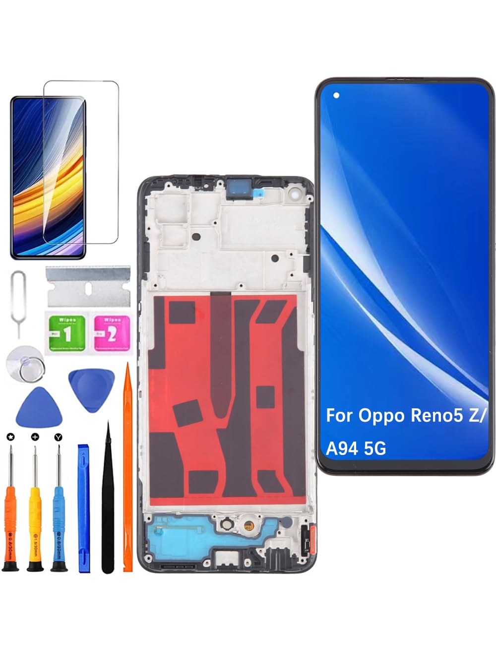 Display di ricambio per display LCD Oppo Reno5 Z / A94 5G TFT, CPH2211 CPH2211 Display Touch Digitizer Assembly Kit parti di riparazione (nero con cornice, senza impronte digitali)