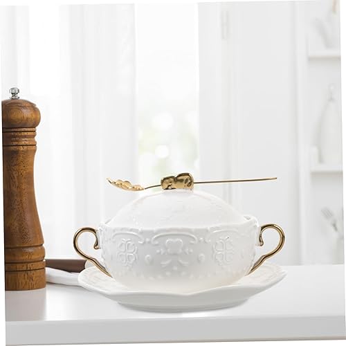 Miniatura 9 de Tazón de sopa de cerámica de estilo europeo de doble mango con tapa resistente al calor para postre fruta y cereales para uso en cocina y restaurante