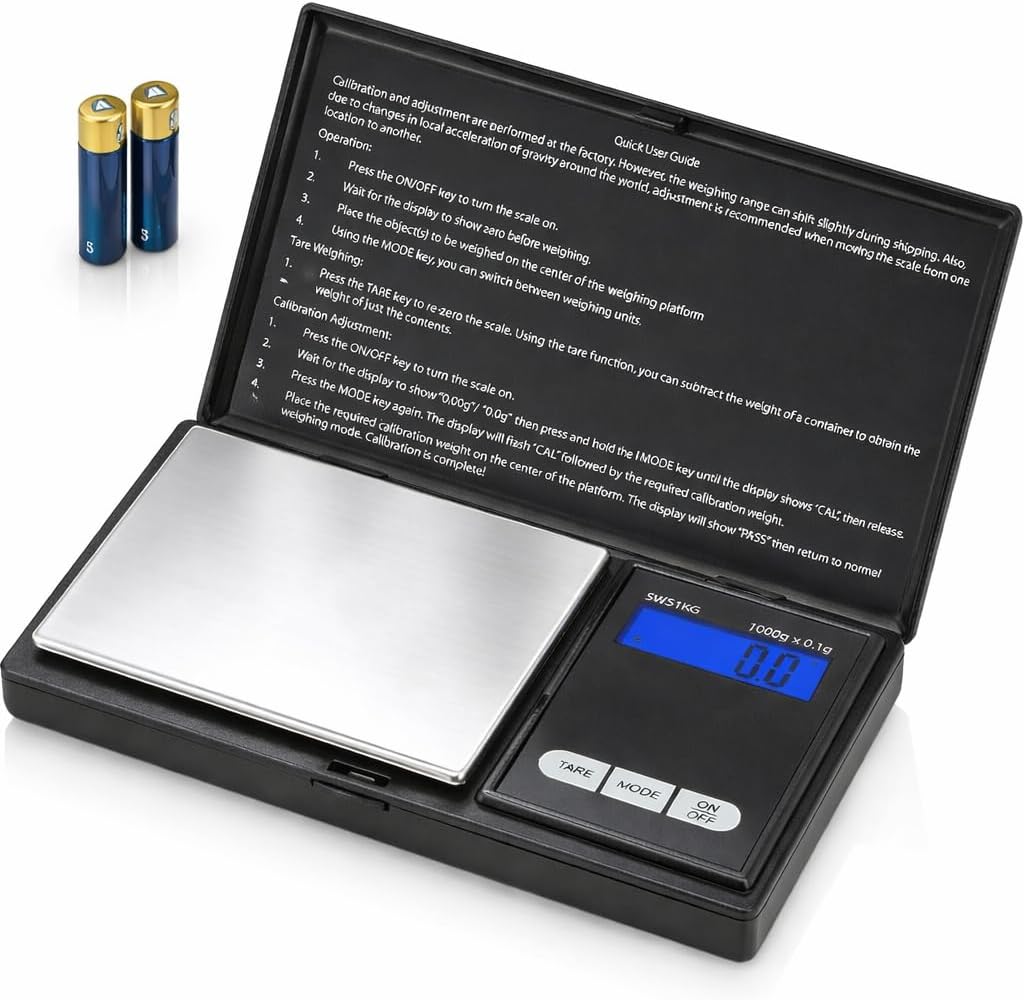 Smart Weigh Digital Pocket Scale – 1000g x 0.1g Precision – Ideal for Jewelry, Food, Herbs, and Medicine – Stainless Steel Platform with Protective Cover – Black (Battery Included)