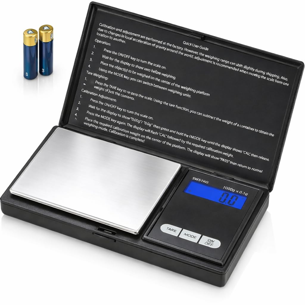 Digital Pocket Scale – 1000g x 0.1g Precision – Ideal for Jewelry, Food, Herbs, and Medicine – Stainless Steel Platform with Protective Cover – Black (Battery Included)
