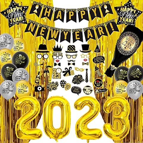 2023 New Year Decorations Set, Happy New Year Banner XXL 2023 Foil Balloon, New Year Photo Booth Props Curtains Latex Balloons, New Year's Eve Party Decorations Black and Gold Cover