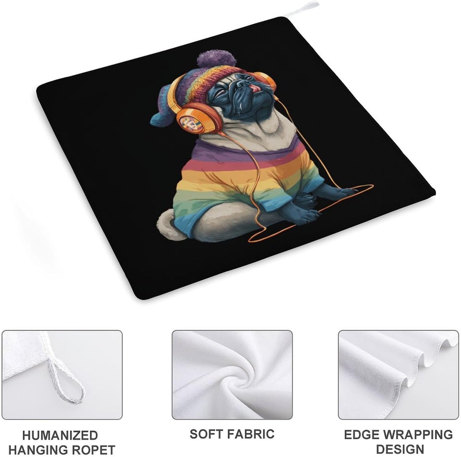 Music Lover Pug Microfiber Hand Towels for Bathroom Soft Absorbent Bath Kitchen Towel with Hanging Loop 4PCS
