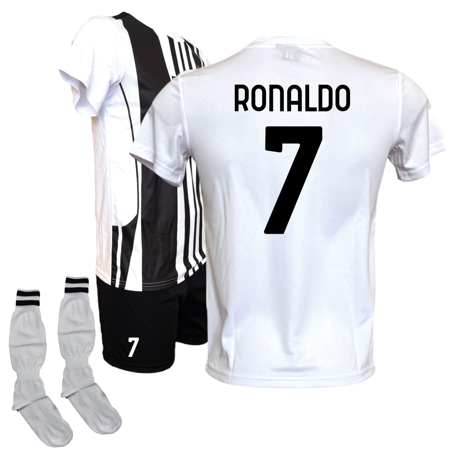 Generico Completo Maglia Bianconera Ronaldo 7 Pantaloncino Nero e Calzettoni Stagione 2025/2026 Replica Home Autorizzata Taglie da Bambino e Adulto
