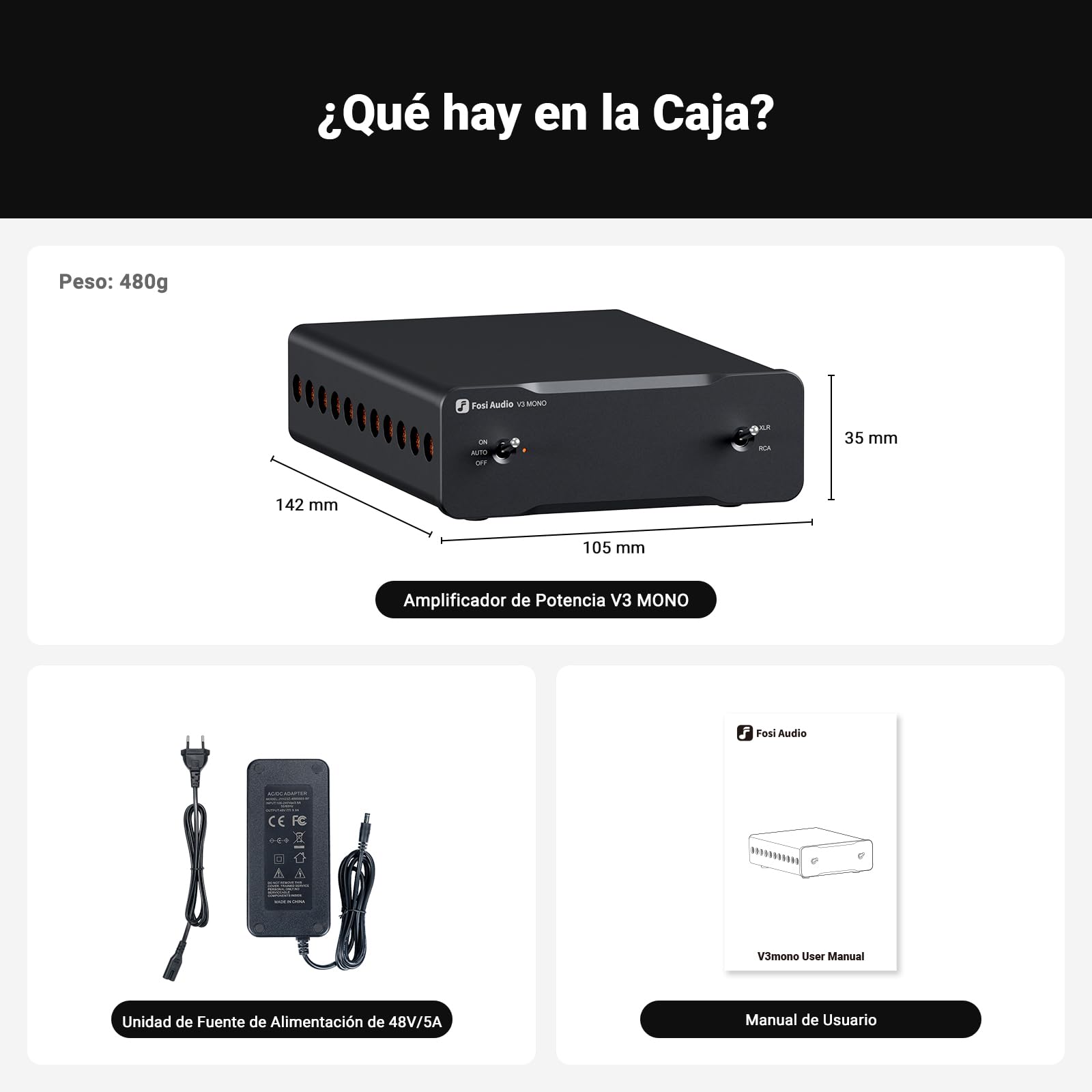 Fosi Audio V3 Mono Amplificador de Potencia para Altavoces de Audio Doméstico, Mini Amplificador Monobloque Clase D con TPA3255, Componente Receptor AVR de 240W, Entradas Balanceadas RCA/XLR