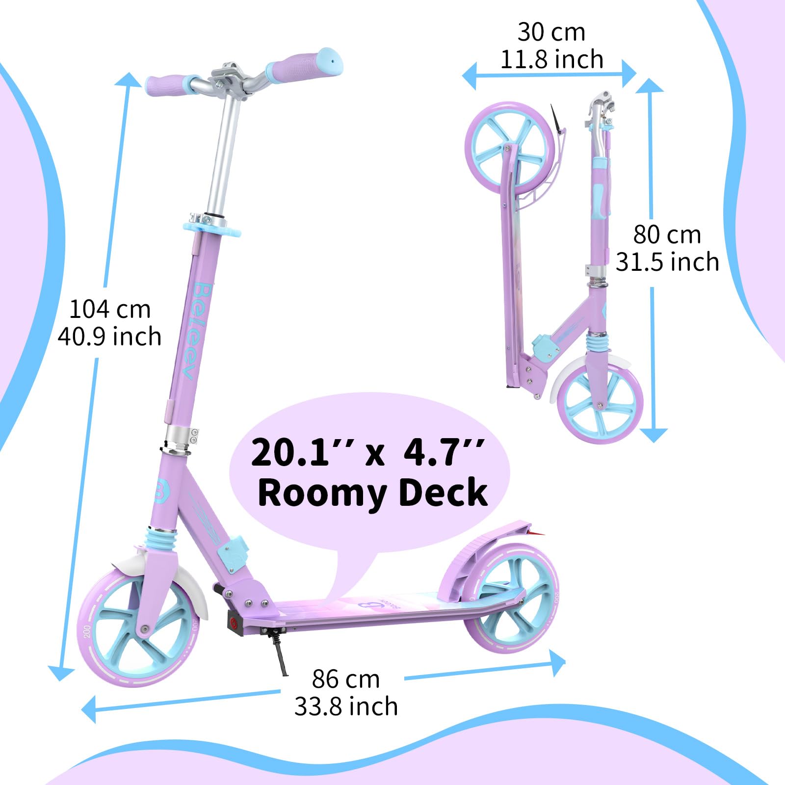 BELEEV V8 Patinete de 2 Ruedas, Plegable Patinete con LED Luces Stem, Deck, Altura Ajustable, Big Wheel 200mm Scooter Adult con Correa de Transporte, Marco Resistente para 6+ Niño Niña Adulto
