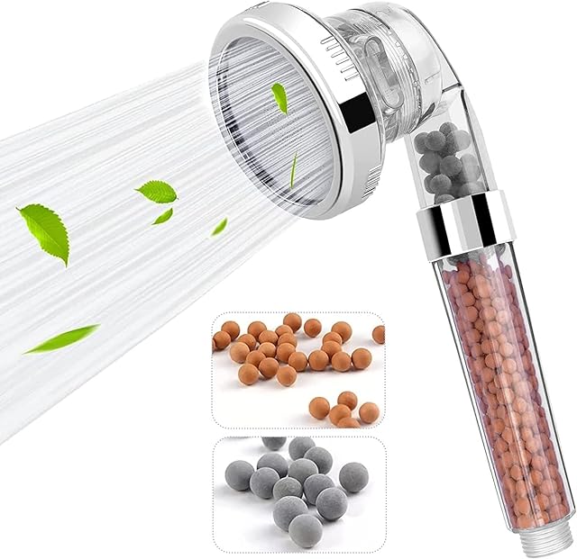 Ionic Shower Head Filter Powerful Flow with Beads Pressure Boosting Water Saving Power Shower Head Handheld Spray with 3 Modes Bathing Universal for Adults Children Pets Home and Gym Bathroom Use